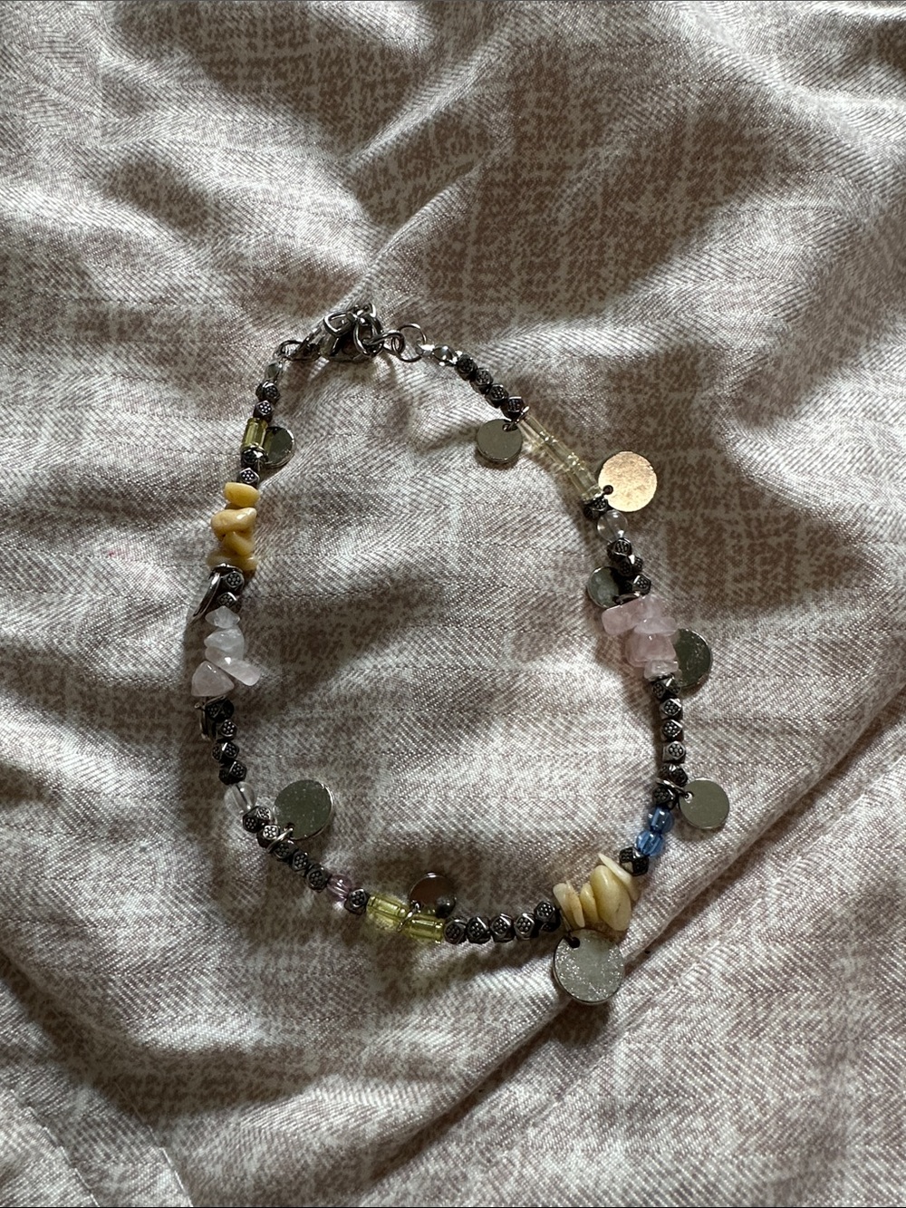Multi-Stone Beaded Bracelet with Silver Discs - Yellow, Pink, Blue